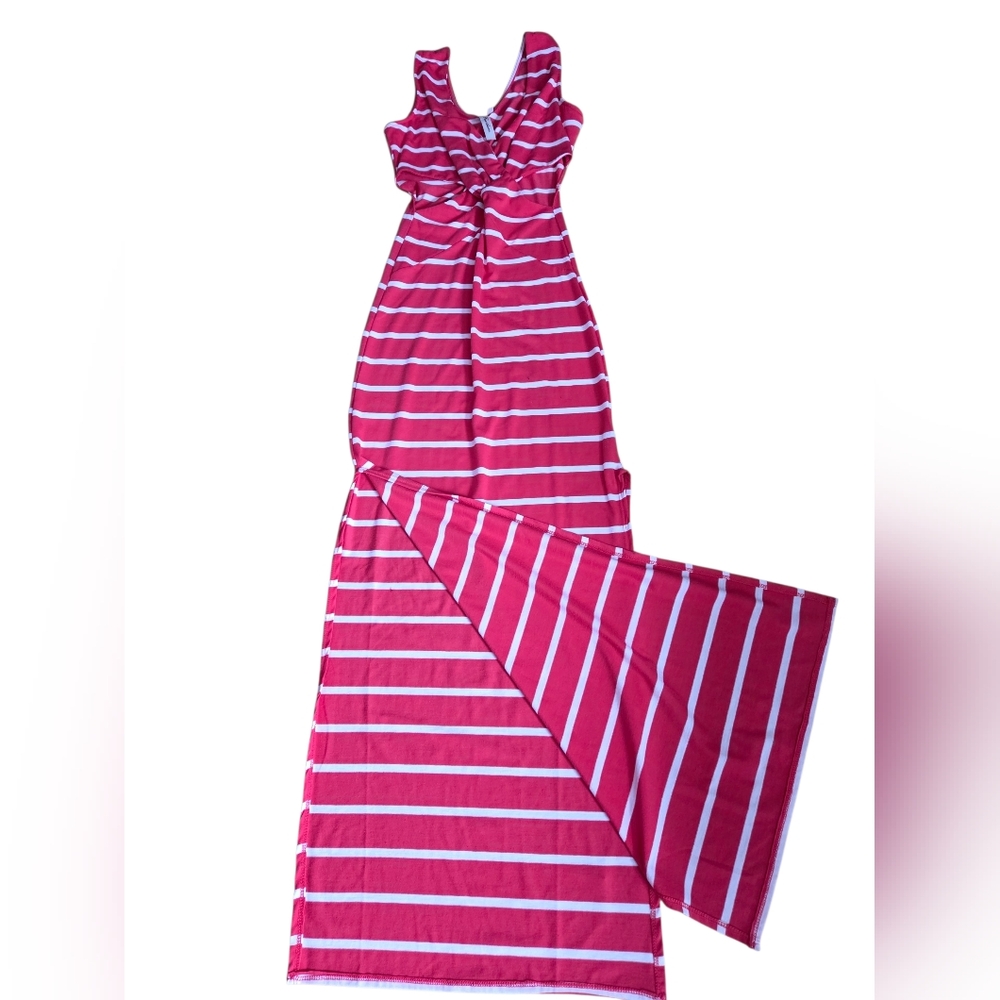 Feathers Pink & White Striped Maxi Dress With Slit And Exposed Ribs 12in P2P